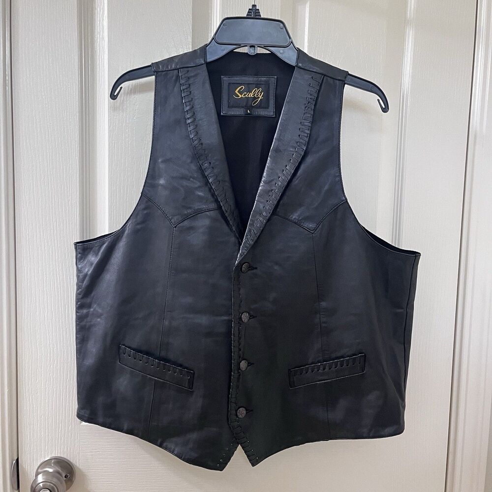 Scully Black Leather Vest Whip Stitch Lapel Pockets Lined Men's Size Large